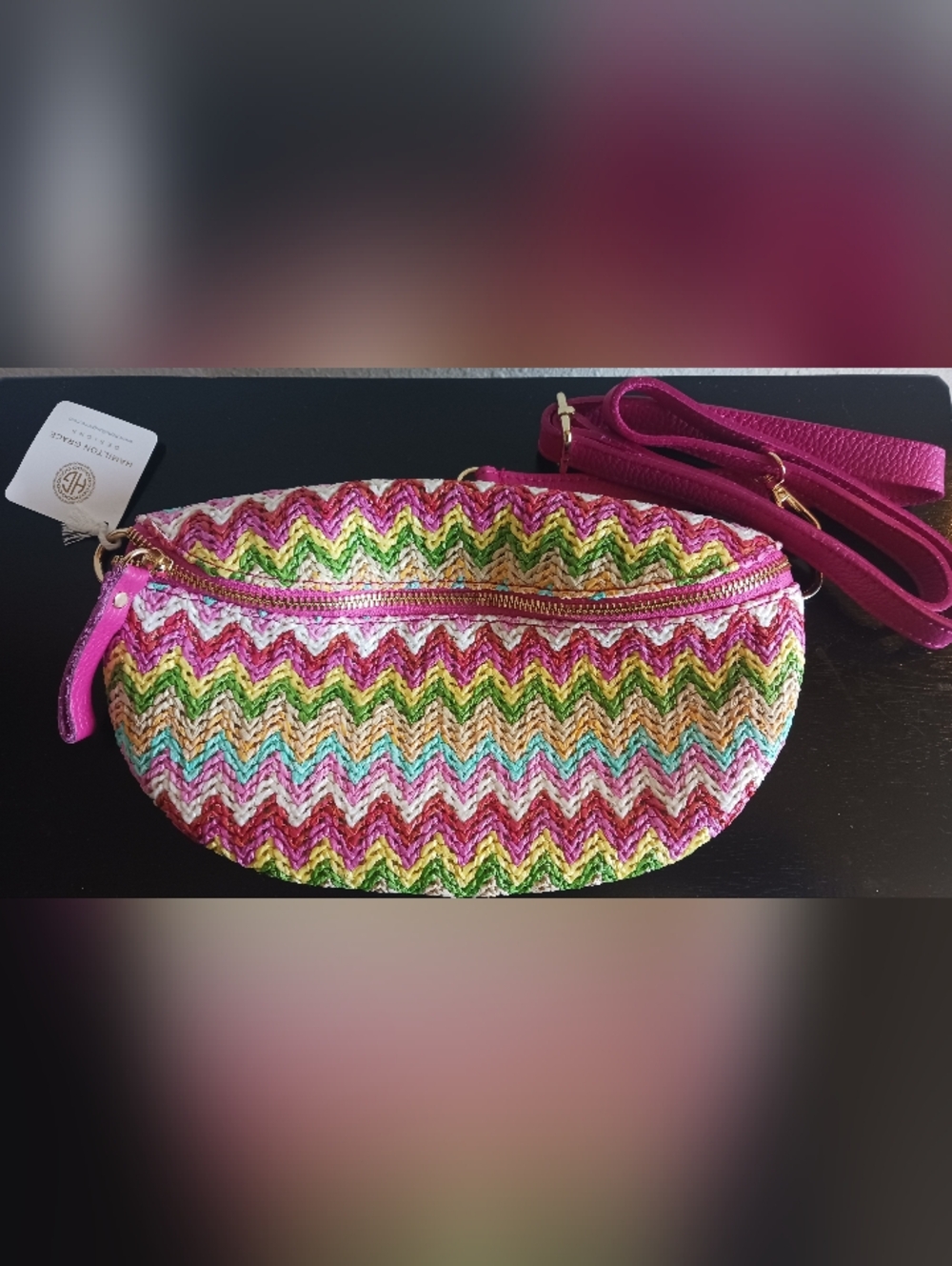 Hamilton Grace Crochet Colorful Zigzag Purse Italian Riffia Slingbag New